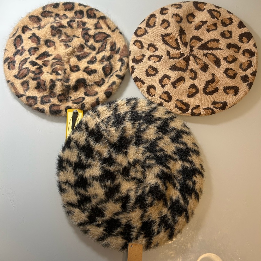 Faux Fur Leopard Print Beret Hat - Tan Black Brown